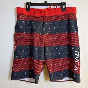 RVCA Board shorts Men's sz 34 Red Blue White Striped Swim Trunks Zip Fly Pockets